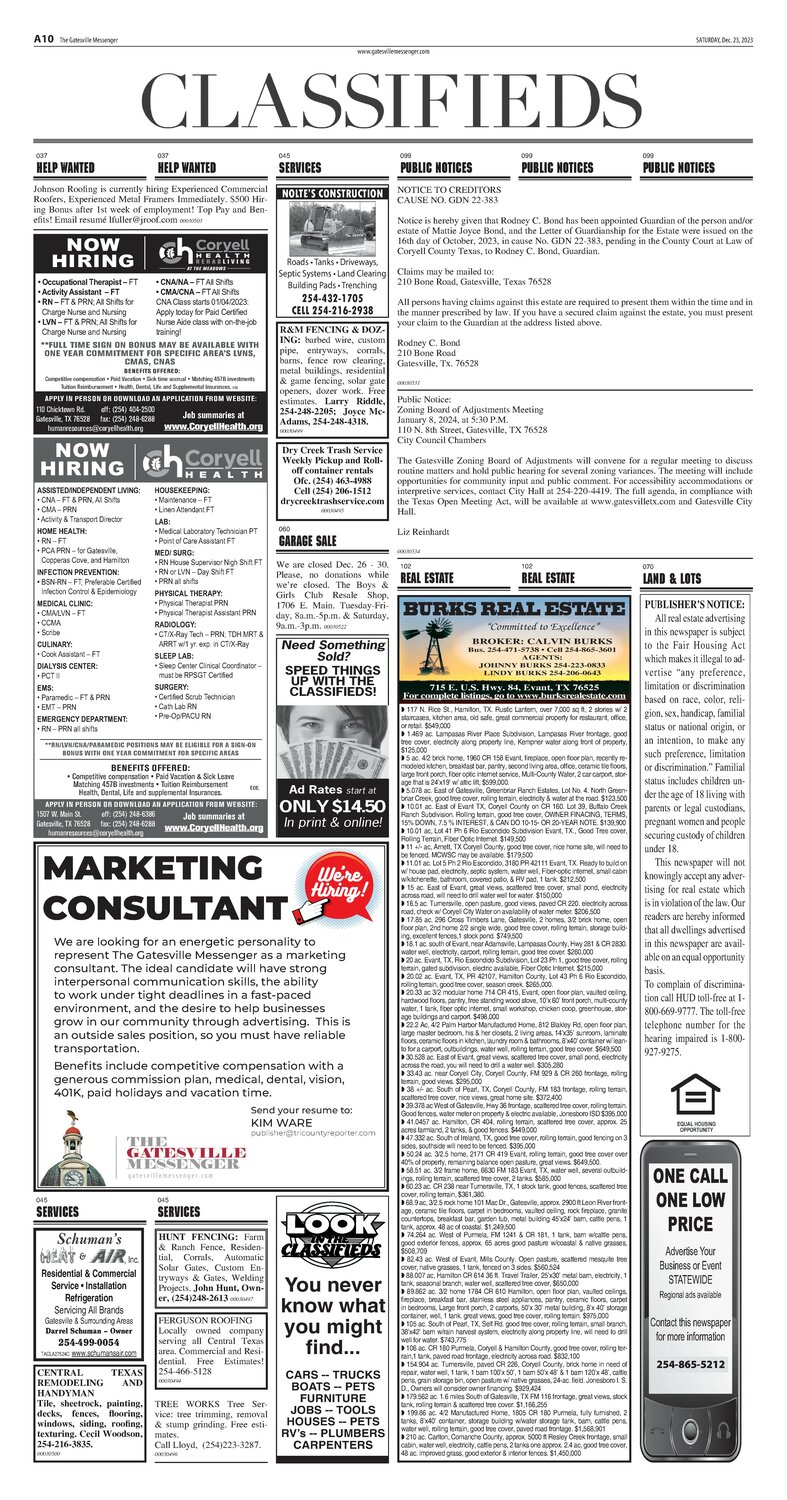 Classifieds - The Gatesville Messenger